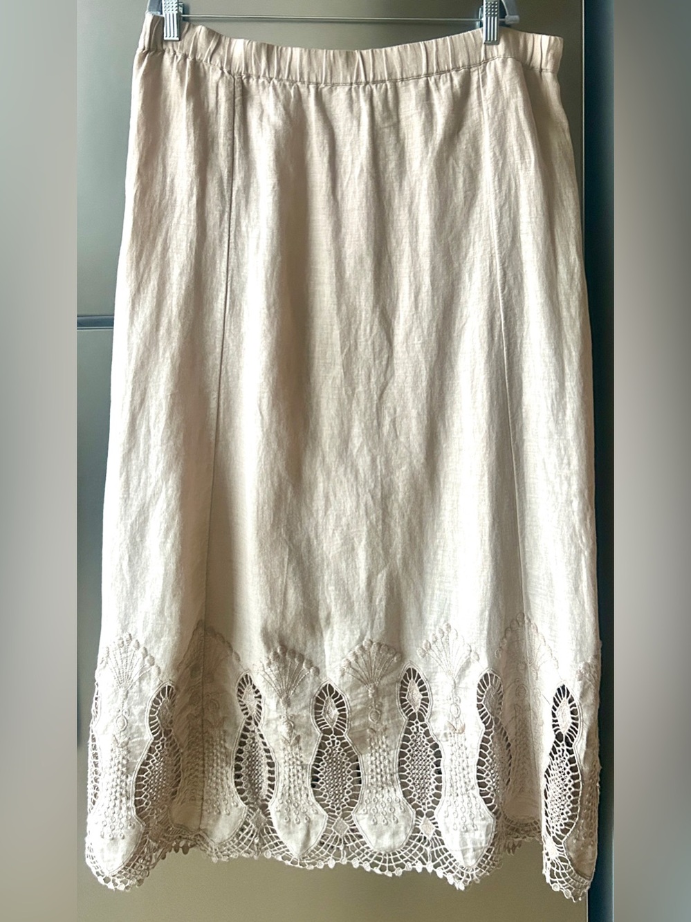 Chico’s Linen Midi Skirt Size 2 NWT Cream Embroidered Lace Hem